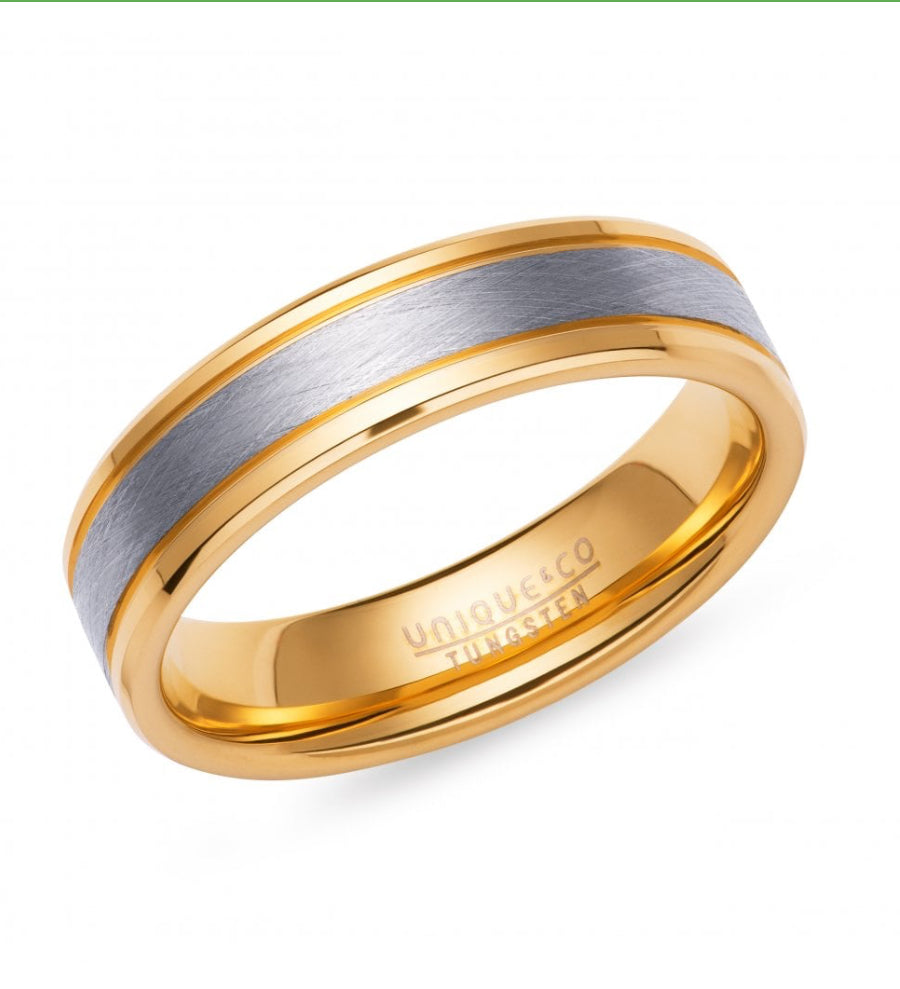 UNIQUE & CO TUR-166 Tungsten Carbide 6mm Flat Court Two Tone Ring