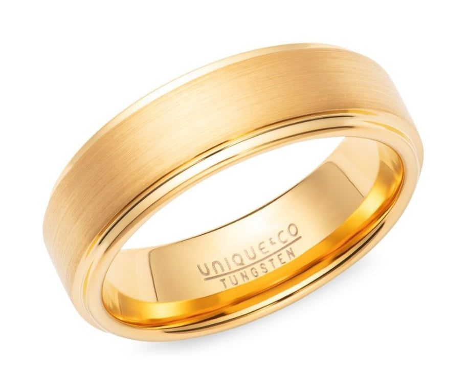 UNIQUE & CO TUR-192 Tungsten Carbide 7mm Patterned Ring with Gold Finish